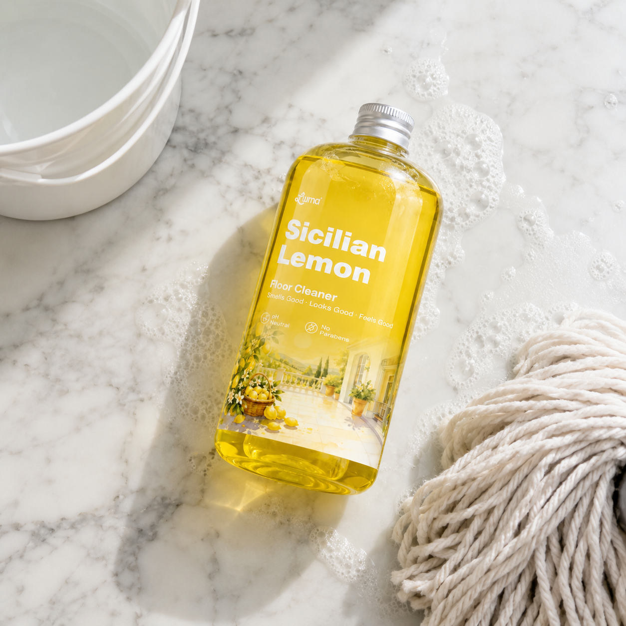 Luma Sicilian Lemon Floor Cleaner in a flat-lay next to a mop