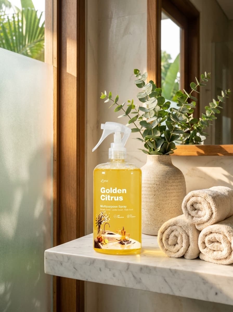 Luma Golden Citrus Multipurpose Spray on a calm marble bathroom shelf with rolled towels and eucalyptus