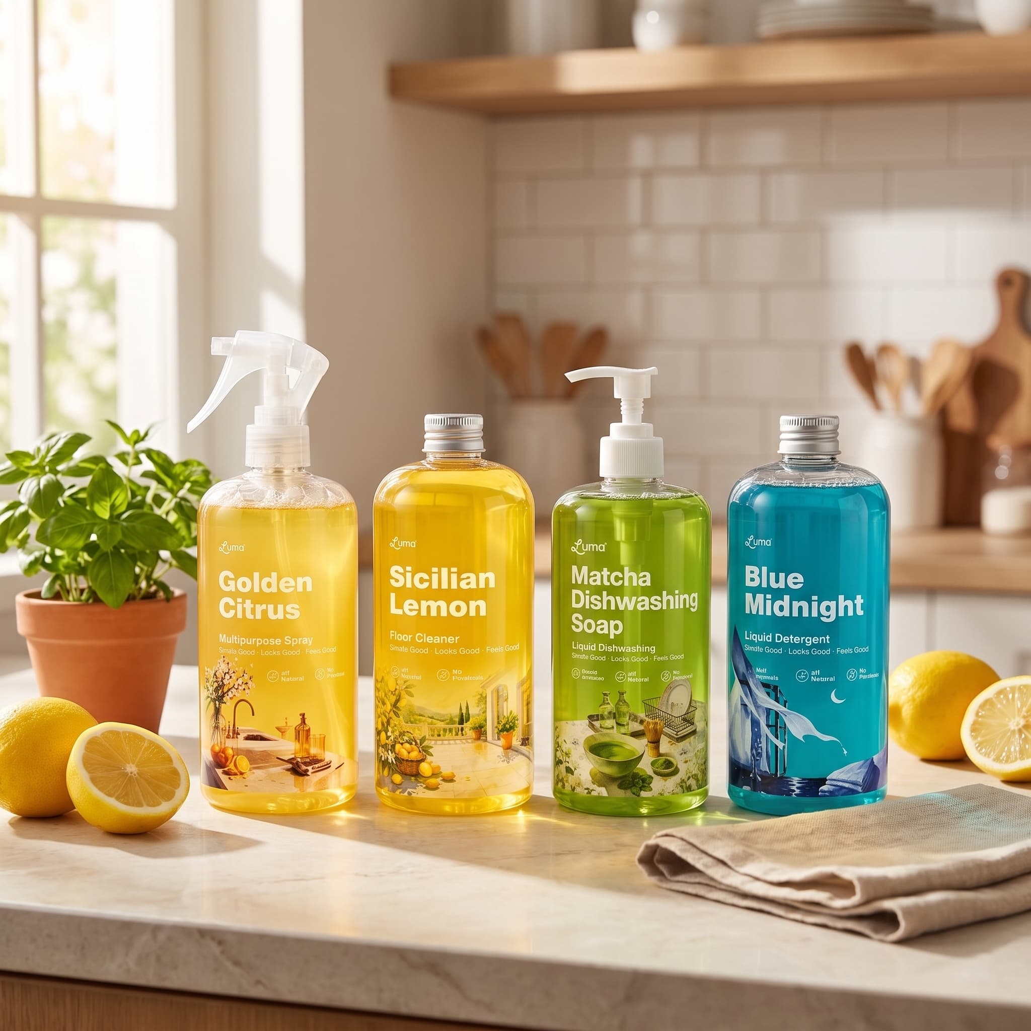 Four Luma bottles — Golden Citrus, Sicilian Lemon, Matcha, and Blue Midnight — lined up on a sunlit kitchen counter