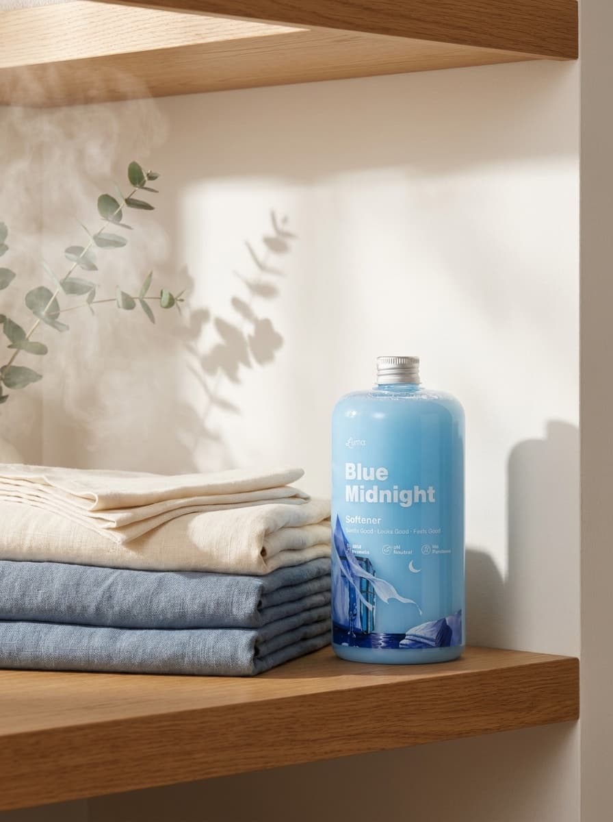 Luma Blue Midnight Fabric Softener on a warm oak shelf beside freshly folded linens