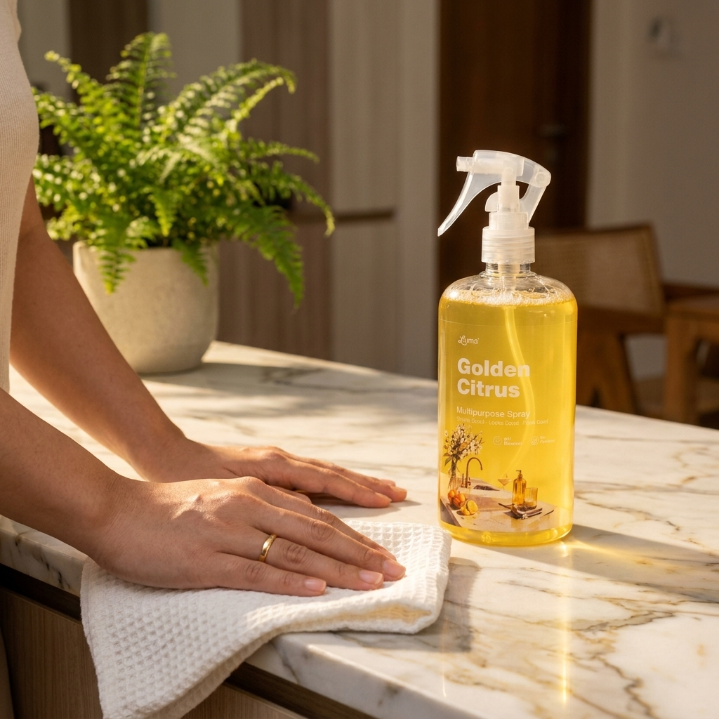 Wiping a marble countertop with Luma Multipurpose Spray, bare hands, no gloves needed